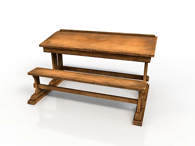 Realistic Style Wooden Table Wooden Table Bench Oak Indoor Furniture White Background Desktop Wooden Bench Simple Style Table Table Round Table Long Table 3d model