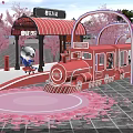Cherry Blossom Station With Red Train Pink Trees Blue Arch Astronaut Panda Dolls Pink Petals