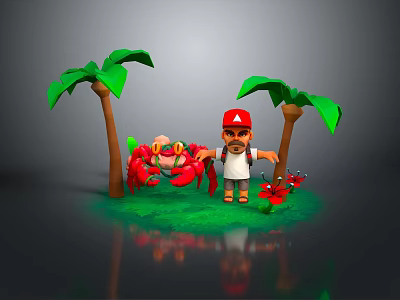 Cartoon Character With Red Cap Standing By Red Crab Near Palm Trees And Green Grass 3d model