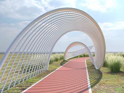 Modern White Curved Pergola Design with Red Pathway Grass and Plants Under Cloudy Sky 3d model
