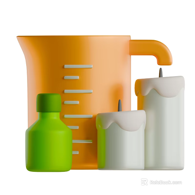 Decorative Ornament Set With Orange Measuring Cup Green Bottle And White Candles With Black Wicks 3d model 