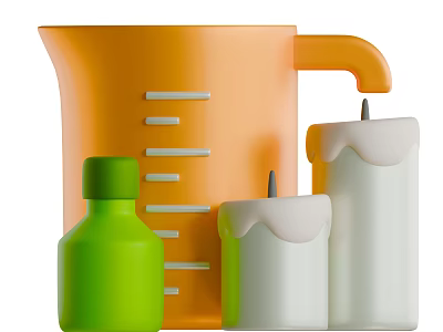 Decorative Ornament Set With Orange Measuring Cup Green Bottle And White Candles With Black Wicks 3d model