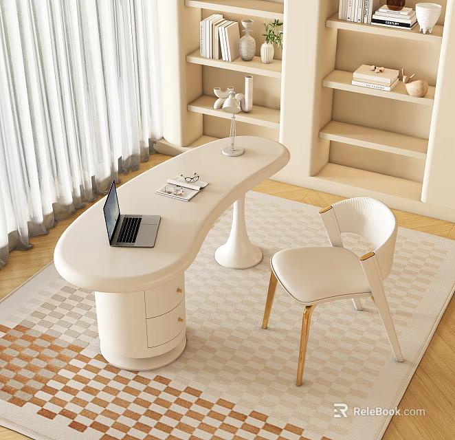 Modern Home Office With White Curved Desk Laptop Papers And Comfortable White Chair 3d model 