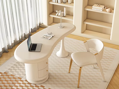 Modern Home Office With White Curved Desk Laptop Papers And Comfortable White Chair 3d model