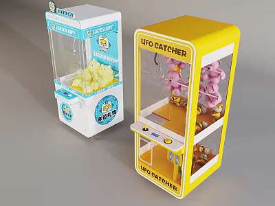 Yellow UFO Catcher and White Claw Machines with Yellow Toys and Pink Stuffed Animals 3d model