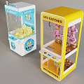 Yellow UFO Catcher and White Claw Machines with Yellow Toys and Pink Stuffed Animals