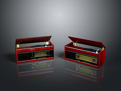 Two Vintage Electronic Radios With Red Wooden Case Portable Classic Open Lid Design 3d model