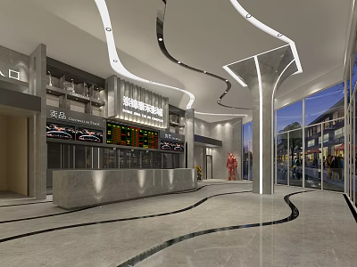 Modern Cinema Lobby Interior Design With Ticket Counter Movie Schedule Displays And Modern Lighting 3d model