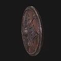Ornate Medieval Wooden Shield With Round Shape And Metal Decorative Patterns