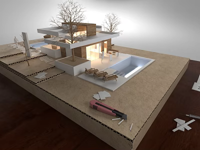 Modern Detached Villa Model With Swimming Pool Terrace Outdoor Lounge Chairs And Trees 3d model