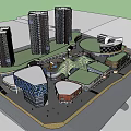 Modern Commercial Street With Multi Story Buildings Glass Facades And Plaza Area