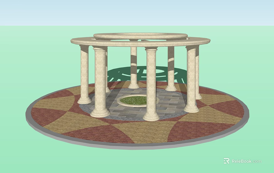 Outdoor Circular Gazebo With Columns Patterned Flooring And Central Grass Area 3d model 