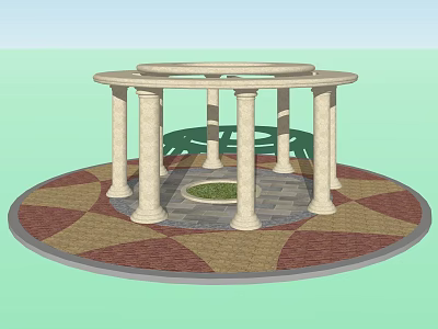 Outdoor Circular Gazebo With Columns Patterned Flooring And Central Grass Area 3d model
