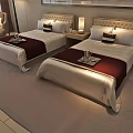 Hotel Guest Room Interior With Twin Beds Large Windows And Flat Screen TV