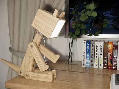Unique Wooden Table Lamp with Creative Design on Wooden Desk Beside Books and Green Plant 3d model