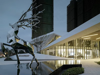 Modern Sales Office Building With Metal Deer Sculpture Glass Curtain Walls Lighting Water Pool Reflection 3d model