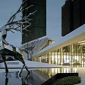 Modern Sales Office Building With Metal Deer Sculpture Glass Curtain Walls Lighting Water Pool Reflection