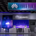 Huawei Exhibition Booth With Large Display Screens Tech Themed Lighting And Tables Chairs