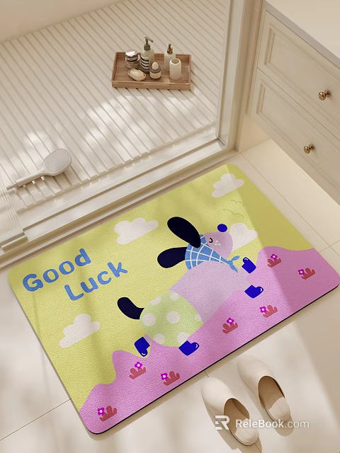 Square Rug Featuring Cartoon Rabbit Blue Plaid Clothes Good Luck Text Clouds And Pink Houses 3d model 
