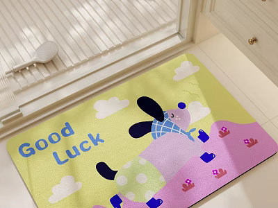 Square Rug Featuring Cartoon Rabbit Blue Plaid Clothes Good Luck Text Clouds And Pink Houses 3d model