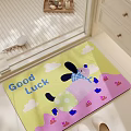 Square Rug Featuring Cartoon Rabbit Blue Plaid Clothes Good Luck Text Clouds And Pink Houses