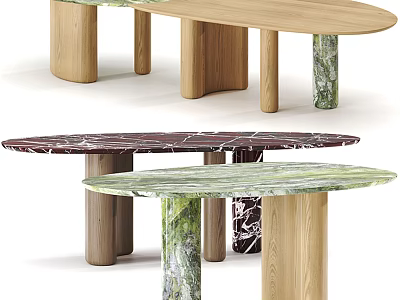 Various Modern Dining Tables With Marble Tops And Wooden Legs In Stylish Design 3d model