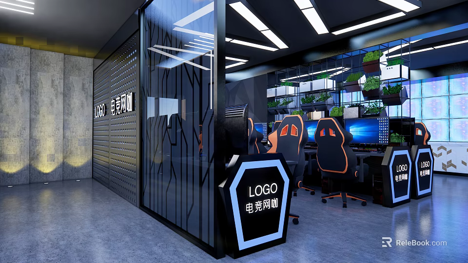 Gaming Cybercafe Interior With Glass Partition Ergonomic Gaming Chairs Computers Green Plants And Modern Lighting 3d model 