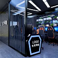 Gaming Cybercafe Interior With Glass Partition Ergonomic Gaming Chairs Computers Green Plants And Modern Lighting
