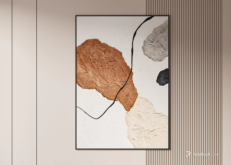 Abstract Painting Featuring Brown Gray Black Beige Colors Black Curved Line Light Background Black Frame 3d model 