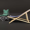 Green and Blue White Striped Foldable Lounge Chairs with Metal and Wooden Frames