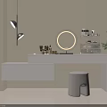 Modern White Dressing Table Interior With Round Mirror Drawers Stool And Cosmetics 3d model