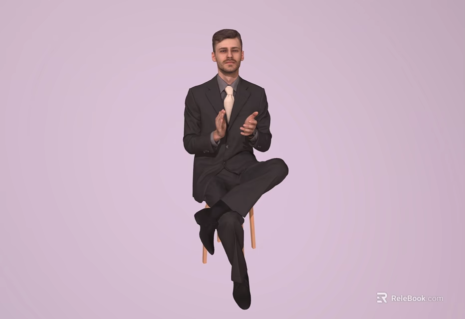 Man in Black Suit With Tie Sitting on Chair Clapping Hands Against Light Purple Background 3d model 