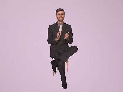 Man in Black Suit With Tie Sitting on Chair Clapping Hands Against Light Purple Background 3d model