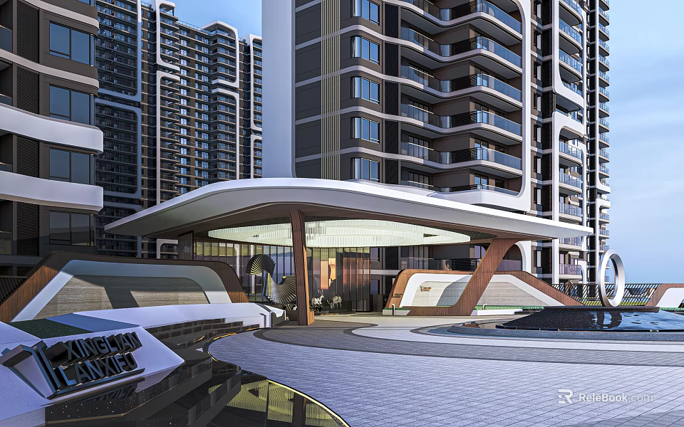 Modern High-rise Residential Building Entrance Gate With Canopy And Landscape Design 3d model 