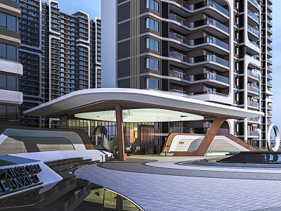 Modern High-rise Residential Building Entrance Gate With Canopy And Landscape Design 3d model