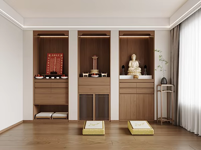 Traditional Buddhist Shrine Cabinet Interior With Buddha Statue Red Scrolls And Yellow Cushions 3d model