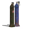 Industrial Gas Cylinders With Green And Blue Rusty Exteriors And Connecting Valves
