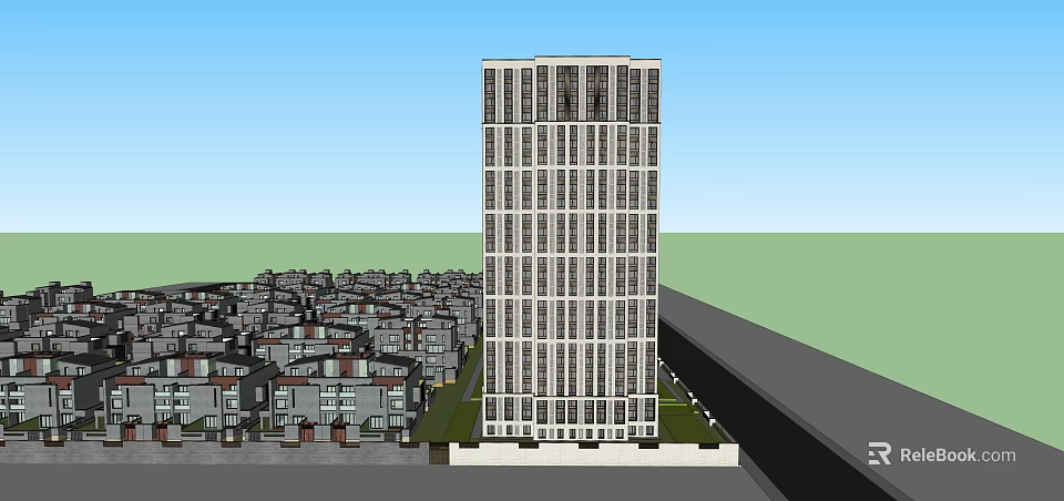 Tall Modern Building with Glass Windows Among Dense Low Rise Residential Houses 3d model 