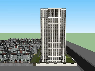Tall Modern Building with Glass Windows Among Dense Low Rise Residential Houses 3d model