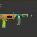 Orange And Yellow Toy Gun With Blue Button Red Parts Flying Red Projectiles From Muzzle