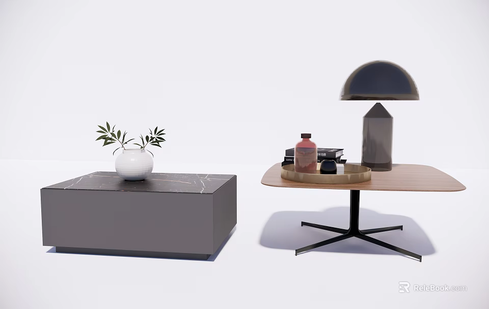 Modern Coffee Tables With Gray Rectangular Design Wooden Top Black Stand And Decorative Items 3d model