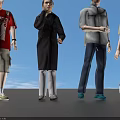 Group of Four People Standing in Different Clothing Against Blue Background with Reflective Floor