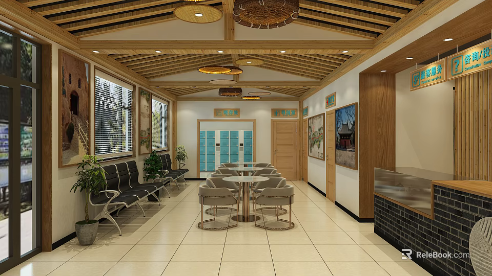 Tourist Center Interior With Wooden Ceiling Pendant Lights Waiting Benches Tables And Counter 3d model 