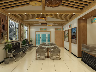 Tourist Center Interior With Wooden Ceiling Pendant Lights Waiting Benches Tables And Counter 3d model