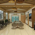 Tourist Center Interior With Wooden Ceiling Pendant Lights Waiting Benches Tables And Counter