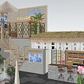 Garden Landscape on Rooftop Terrace with Bamboo Railings Thatched Roof Lanterns and City Night Lights