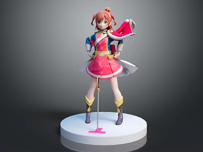 3D Anime Character Model With Red Hair Pink Dress And Flag Standing On White Base 3d model
