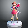 3D Anime Character Model With Red Hair Pink Dress And Flag Standing On White Base