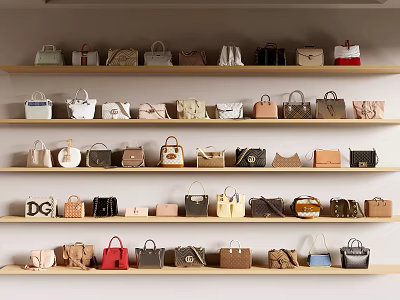 Stylish Bags Display On Shelves With Various Styles And Brands 3d model