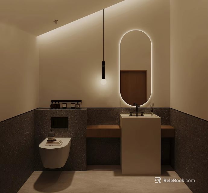 Public Restroom Modern Interior Design With Clean Sink Illuminated Mirror And Toilet 3d model 